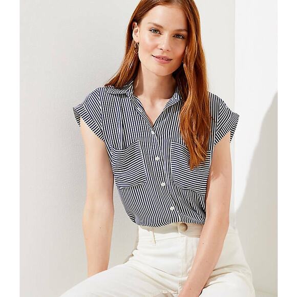 Ann Taylor LOFT Striped Dolman Cap Sleeve Shirt Size S Blue White Button Down - Picture 1 of 8